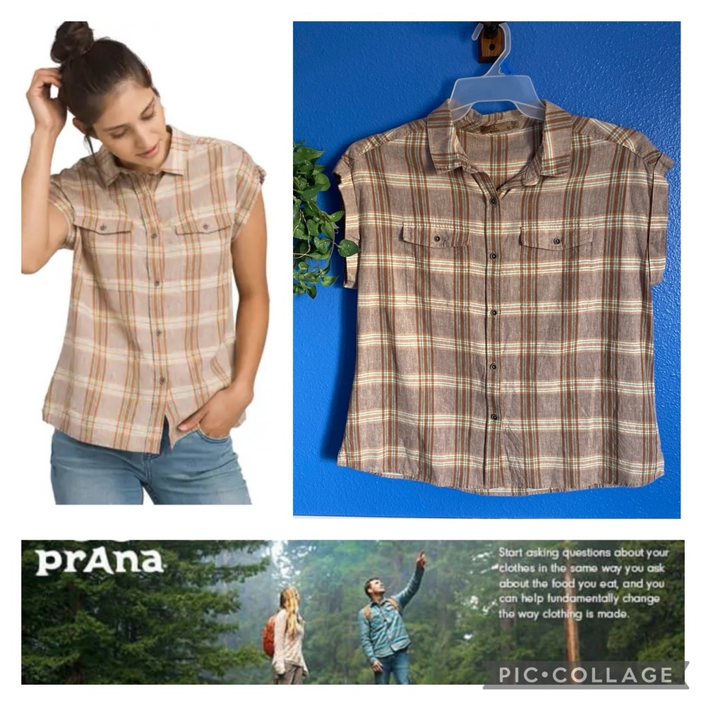 Prana Women’s McCray Button Down Top. Driftwood Plaid Color. Hemp Blend, Size M.
